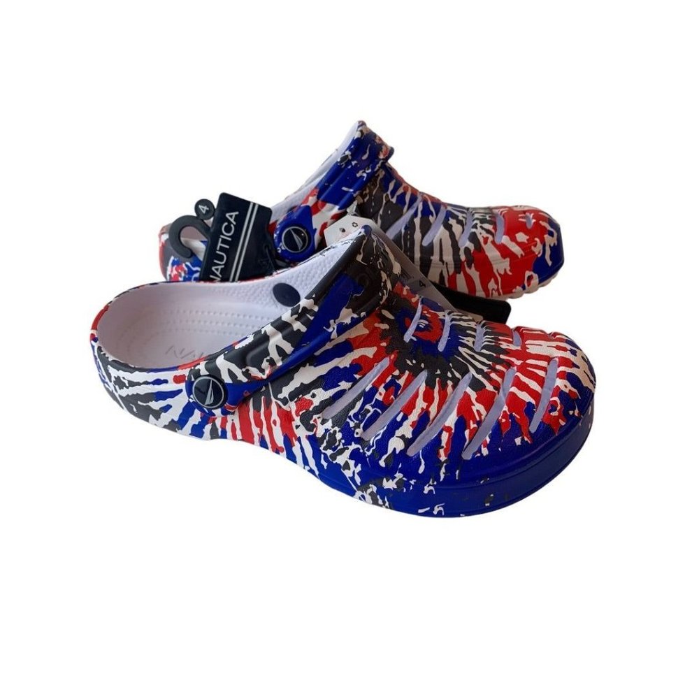 4Y Nautica Youth Rainbow Tie Dye River Edge Sport Clogs Red White Blue